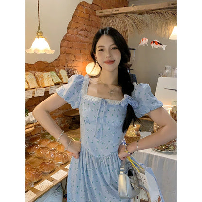 Sweet and Spicy Duoduo [Early Summer Wind Chimes] Blue Floral Dress Women's Summer 2024 New Short-Sleeved Waist Skirt