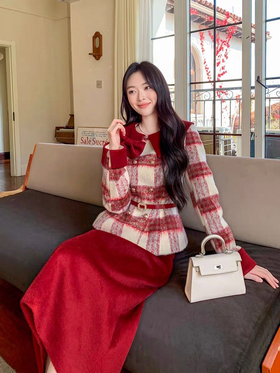 GERTCOREL 2025 New Winter High-End Goose Down Jacket and Skirt Set with Style Red Plaid Fit for Women