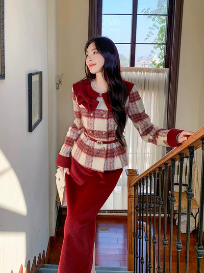GERTCOREL 2025 New Winter High-End Goose Down Jacket and Skirt Set with Style Red Plaid Fit for Women