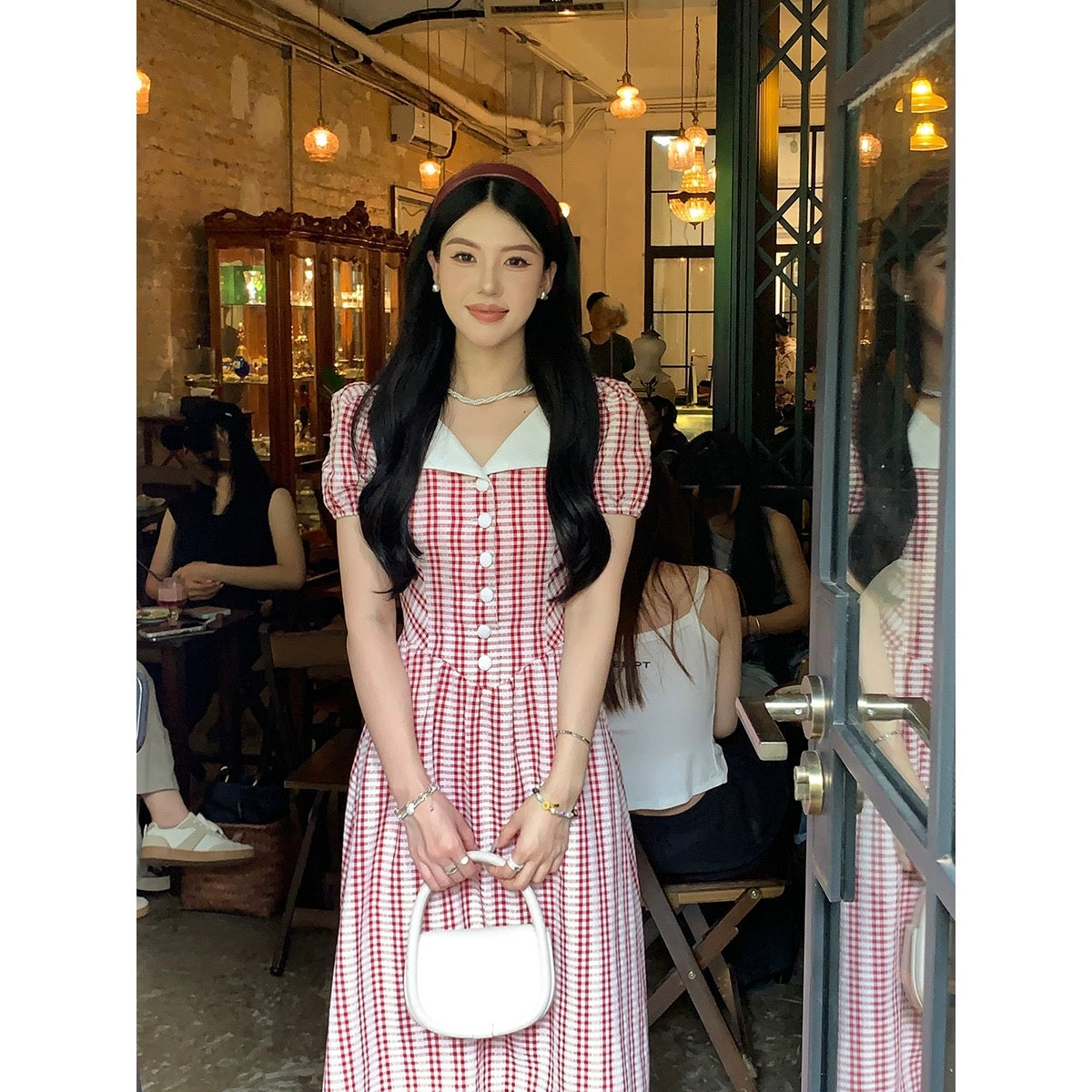 Sweet and Spicy [Rose Story] Red Plaid Dress Women's Summer High Waisted Slim Short Sleeve Lapel Skirt