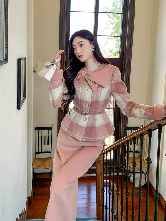 GERTCOREL 2025 New Winter French Plaid Goose Down Warm Down Jacket Skirt Style Suit for Women