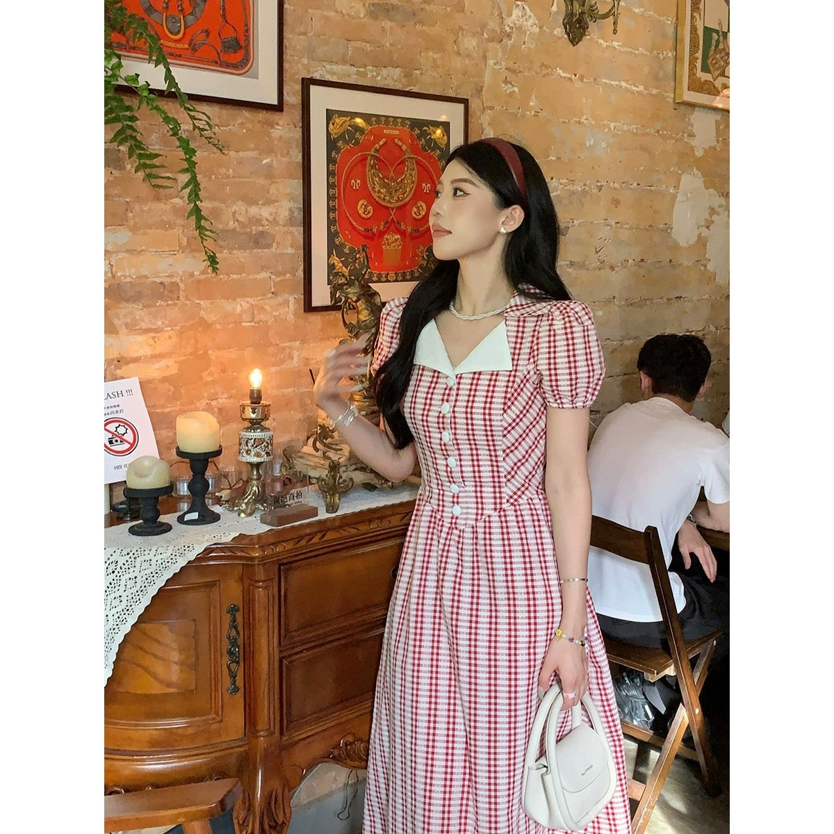 Sweet and Spicy [Rose Story] Red Plaid Dress Women's Summer High Waisted Slim Short Sleeve Lapel Skirt