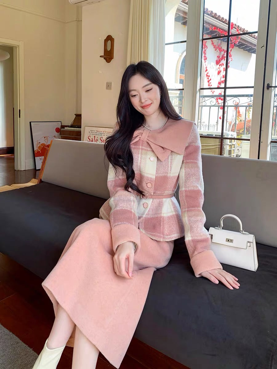 GERTCOREL 2025 New Winter French Plaid Goose Down Warm Down Jacket Skirt Style Suit for Women