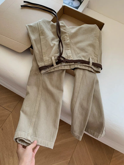 American-style khaki straight leg jeans with belt, wide-leg and loose fit, women's 2025 new style, extra long for tall women.