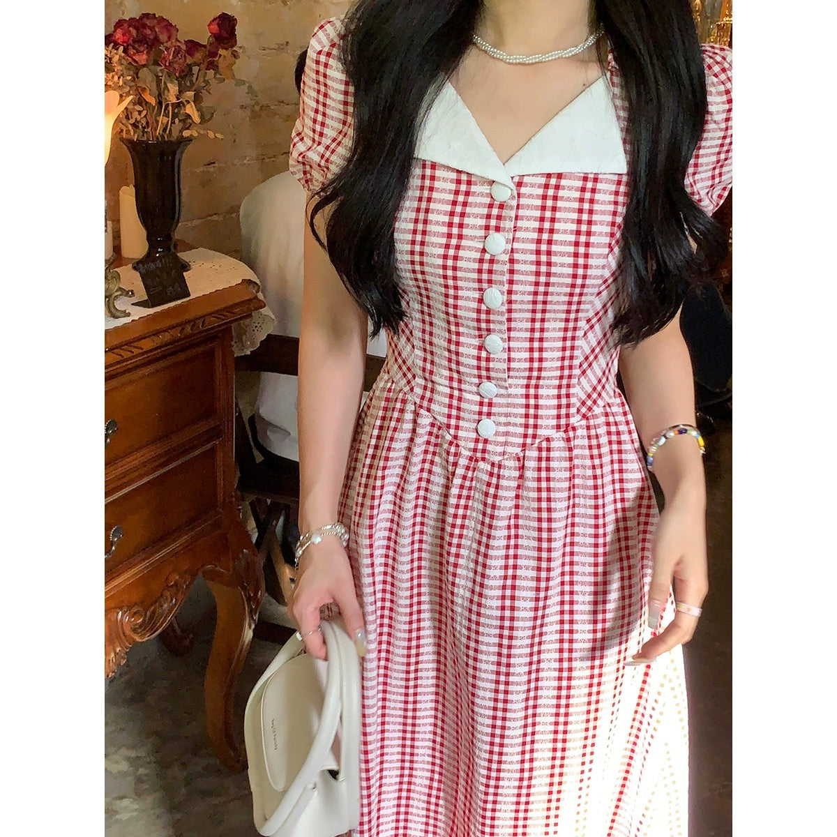 Sweet and Spicy [Rose Story] Red Plaid Dress Women's Summer High Waisted Slim Short Sleeve Lapel Skirt
