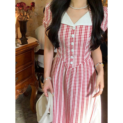 Sweet and Spicy [Rose Story] Red Plaid Dress Women's Summer High Waisted Slim Short Sleeve Lapel Skirt