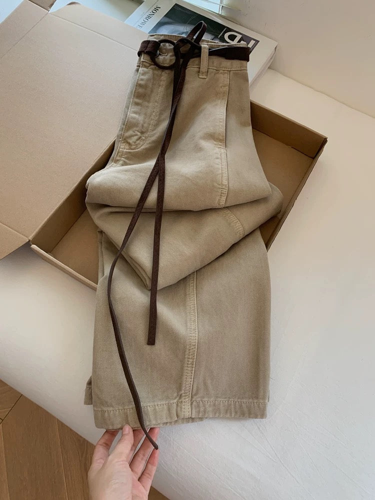American-style khaki straight leg jeans with belt, wide-leg and loose fit, women's 2025 new style, extra long for tall women.