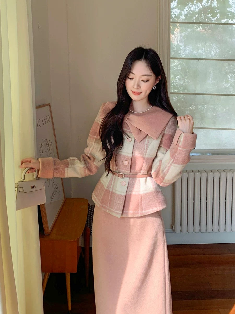 GERTCOREL 2025 New Winter French Plaid Goose Down Warm Down Jacket Skirt Style Suit for Women