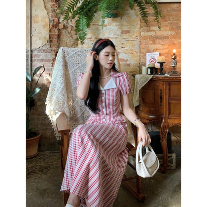 Sweet and Spicy [Rose Story] Red Plaid Dress Women's Summer High Waisted Slim Short Sleeve Lapel Skirt