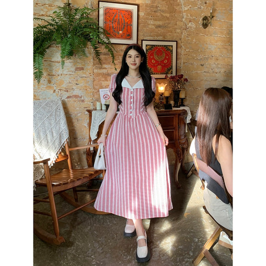 Sweet and Spicy [Rose Story] Red Plaid Dress Women's Summer High Waisted Slim Short Sleeve Lapel Skirt