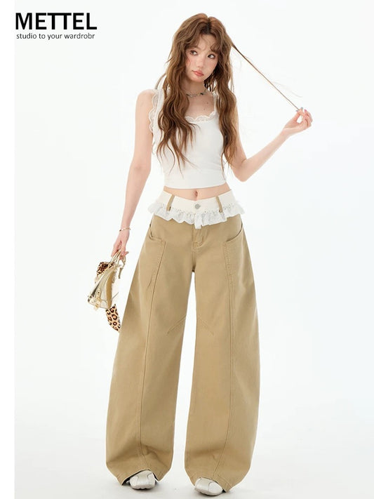 Lace stitching low waist khaki straight jeans women's summer new loose slim wide leg scimitar pants