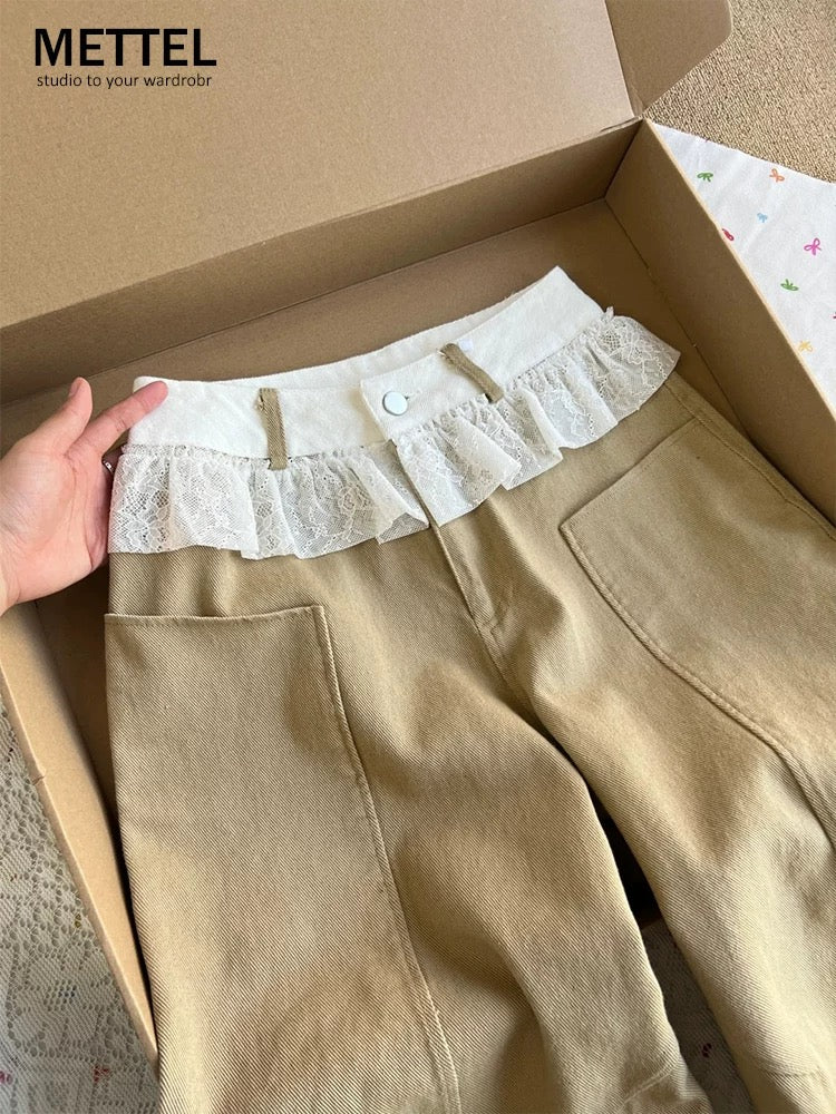 Lace stitching low waist khaki straight jeans women's summer new loose slim wide leg scimitar pants