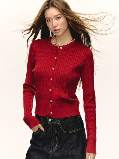 Aaisup Red Cable Round Neck Cardigan Sweater Women's Autumn and Winter New Design Slim and Versatile Knitted Sweater Top