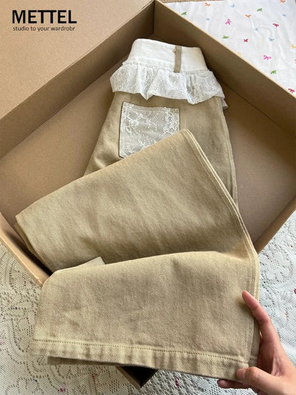 Lace stitching low waist khaki straight jeans women's summer new loose slim wide leg scimitar pants