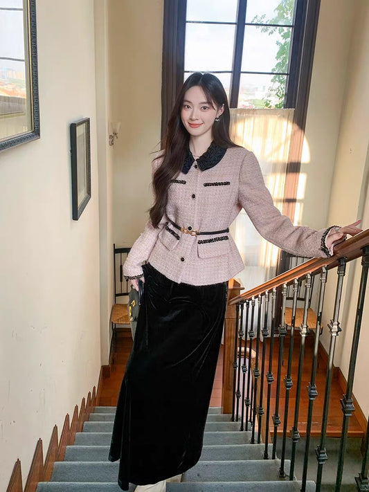 GERTCOREL 2025 New Autumn/Winter French High-End Wool Thick Coat and Skirt Set for Women
