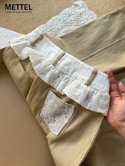 Lace stitching low waist khaki straight jeans women's summer new loose slim wide leg scimitar pants