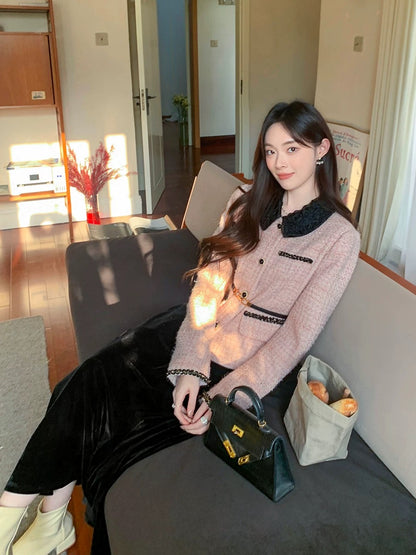GERTCOREL 2025 New Autumn/Winter French High-End Wool Thick Coat and Skirt Set for Women