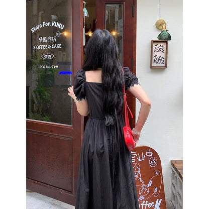 Sweet and Spicy Duoduo [Do you know it?] Black short-sleeved dress for women summer waist slimming square neck embroidered skirt