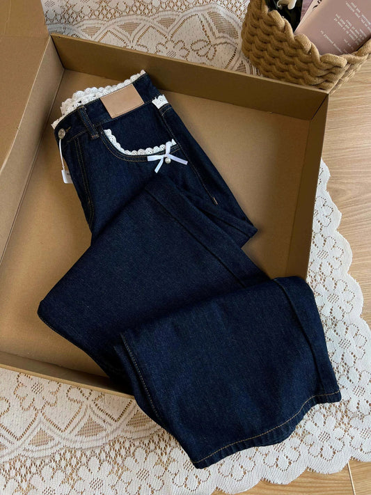 Great texture! Korean retro lace stitching bow jeans for women autumn and winter loose slim wide-leg pants