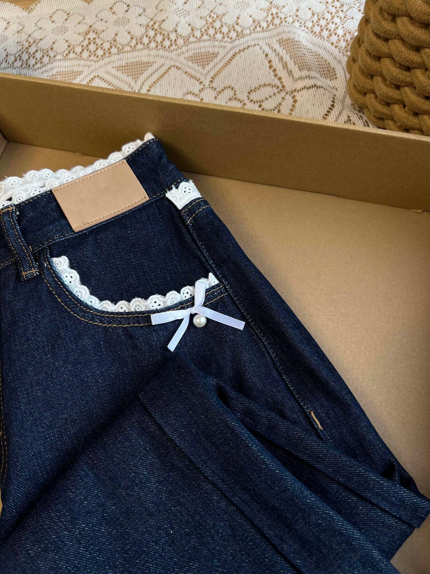Great texture! Korean retro lace stitching bow jeans for women autumn and winter loose slim wide-leg pants