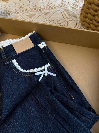 Great texture! Korean retro lace stitching bow jeans for women autumn and winter loose slim wide-leg pants