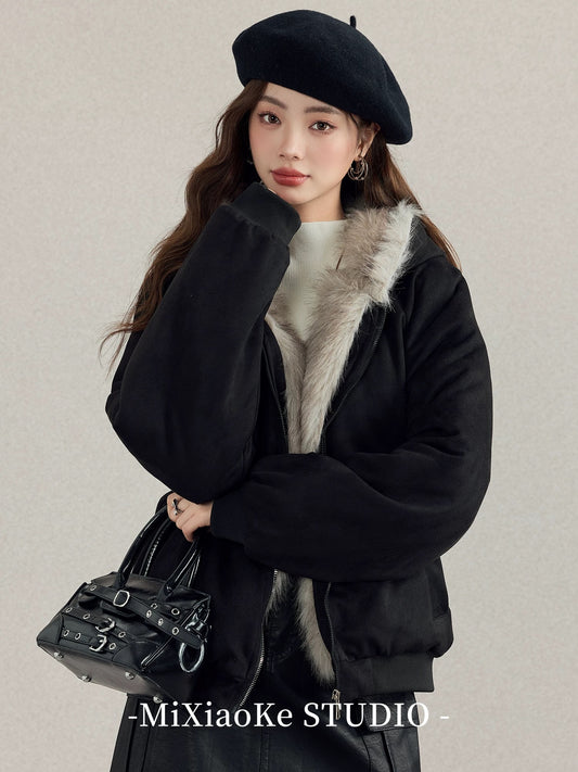 Mi Xiaoke's American-style large fur collar mountain-carved cotton coat for women, new autumn and winter style, super beautiful cotton coat, fleece-lined and thickened.