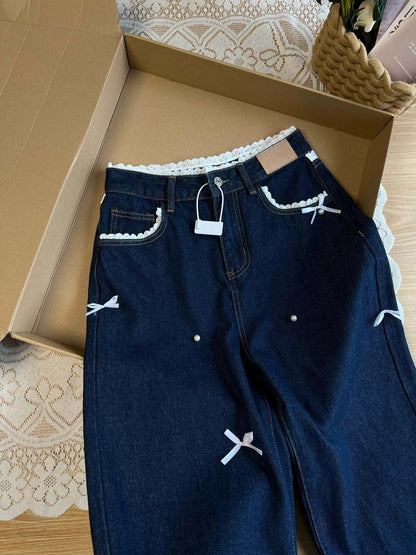 Great texture! Korean retro lace stitching bow jeans for women autumn and winter loose slim wide-leg pants