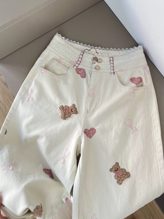 Love it~ Bear embroidered lace patchwork jeans for women, new Korean style straight pants for spring