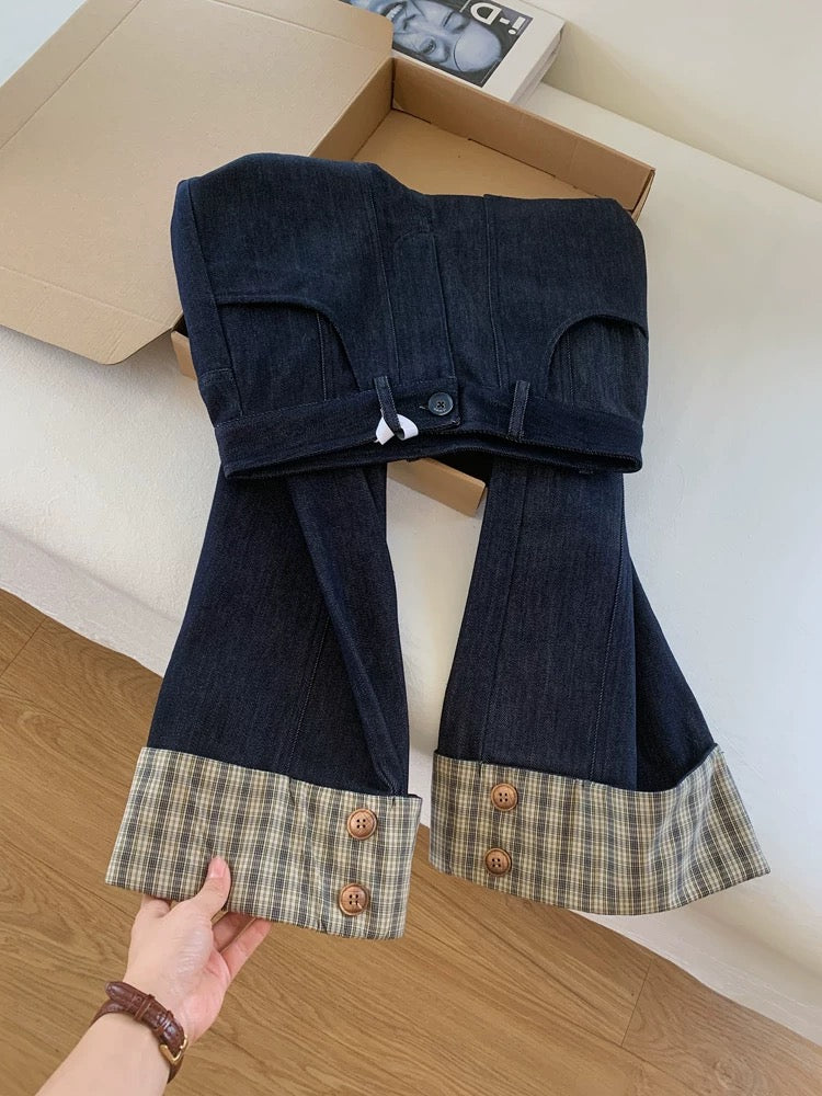 Navy blue cropped high-waisted straight-leg wide-leg jeans for women, 2026 new style, baguette style, suitable for petite women.