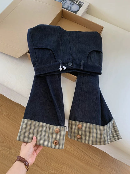 Navy blue cropped high-waisted straight-leg wide-leg jeans for women, 2026 new style, baguette style, suitable for petite women.