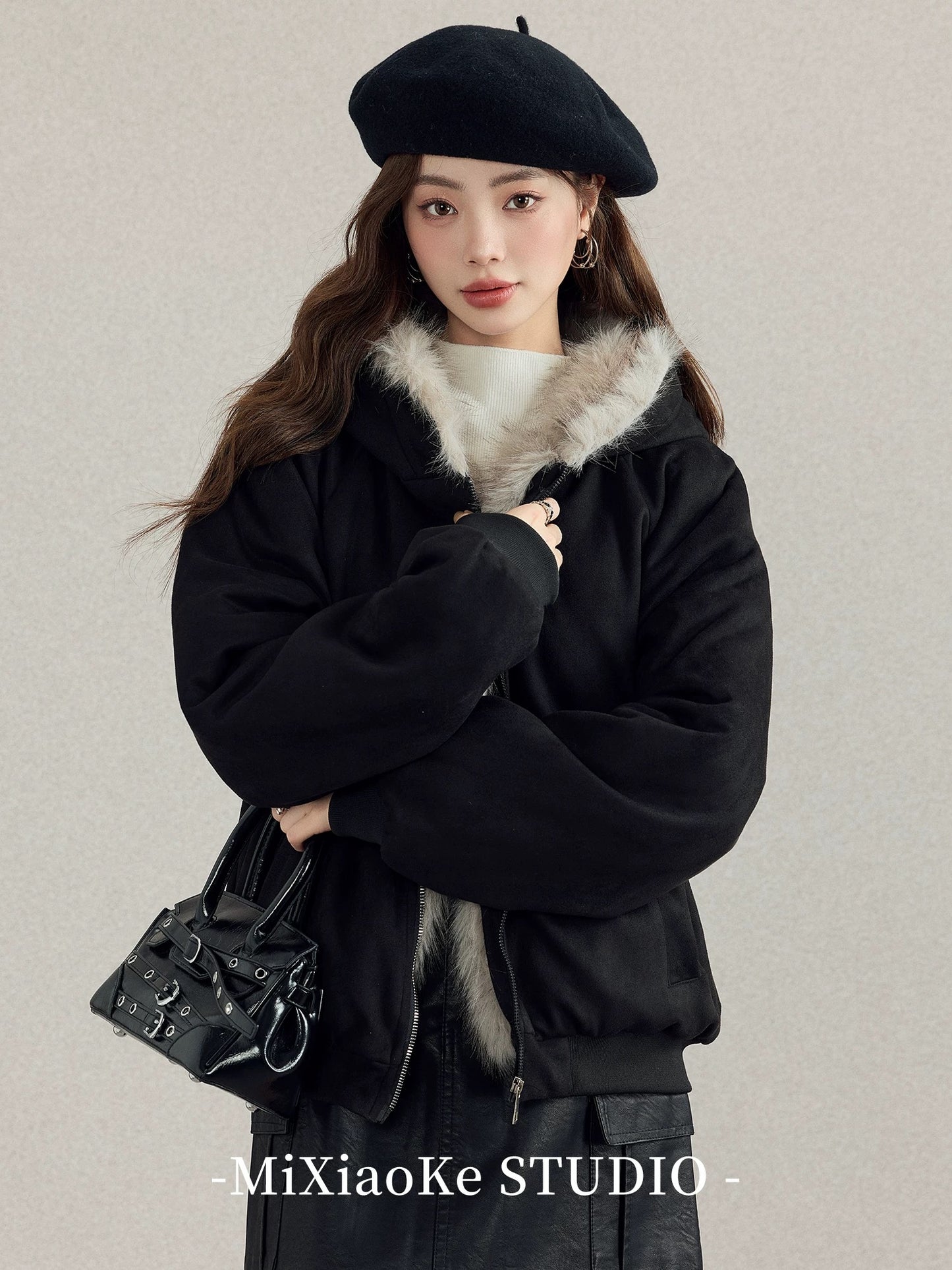 Mi Xiaoke's American-style large fur collar mountain-carved cotton coat for women, new autumn and winter style, super beautiful cotton coat, fleece-lined and thickened.