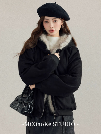 Mi Xiaoke's American-style large fur collar mountain-carved cotton coat for women, new autumn and winter style, super beautiful cotton coat, fleece-lined and thickened.