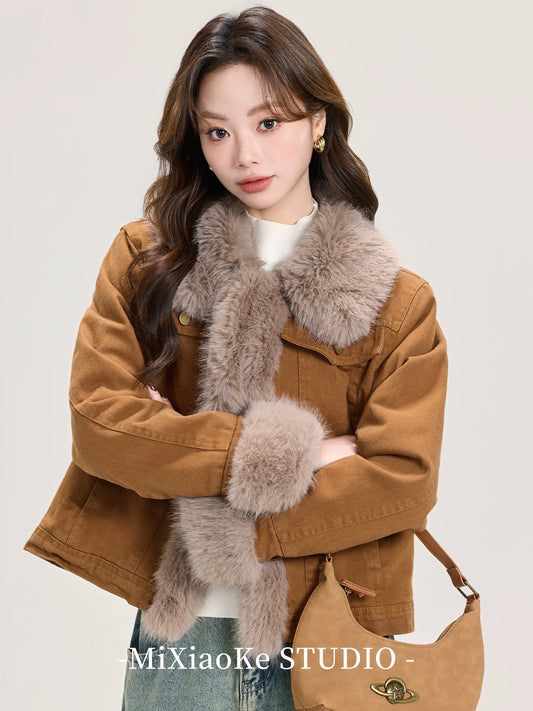 Mi Xiaoke Merard Retro Brown Plush Coat Women's Winter Thickened Warm Design Wool Top Cotton Clothing