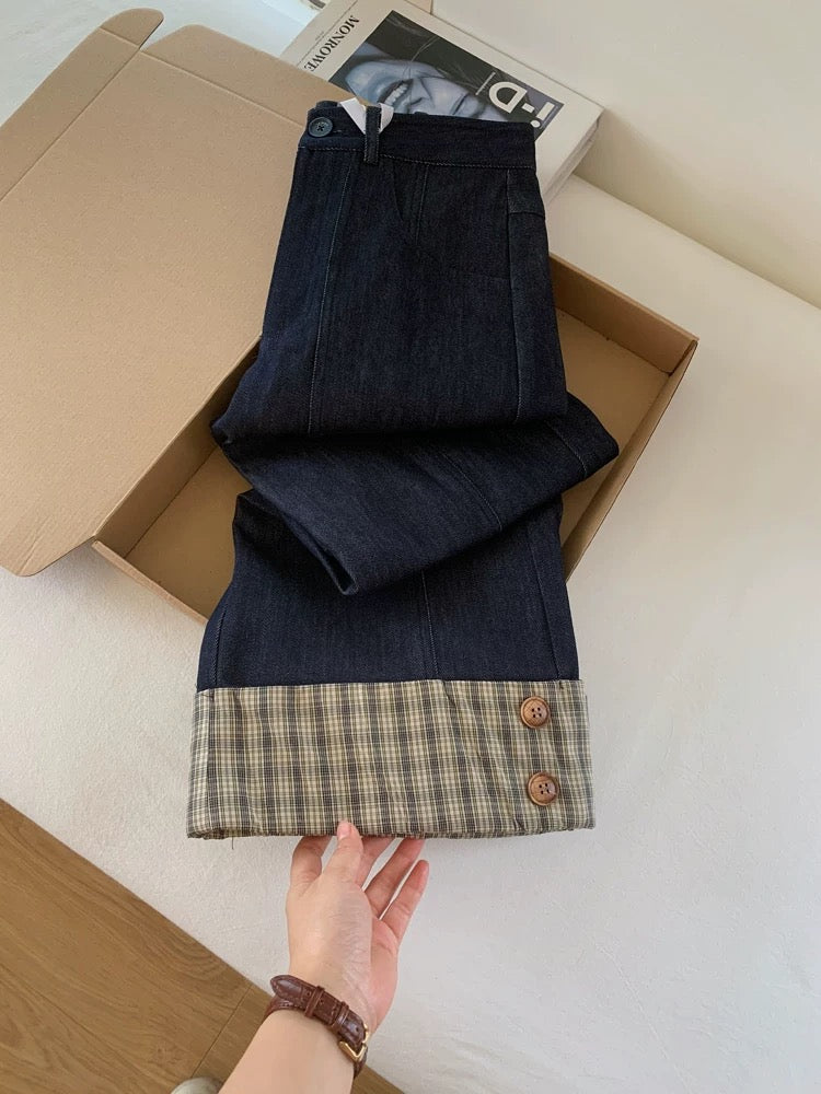 Navy blue cropped high-waisted straight-leg wide-leg jeans for women, 2026 new style, baguette style, suitable for petite women.