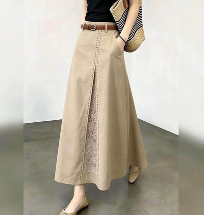 Women’s High-Waisted A-Line Midi Skirt – Minimalist Commuter Style, Khaki, Versatile Korean-Inspired Look, Sophisticated Aesthetic (New Summer 2026 Collection)