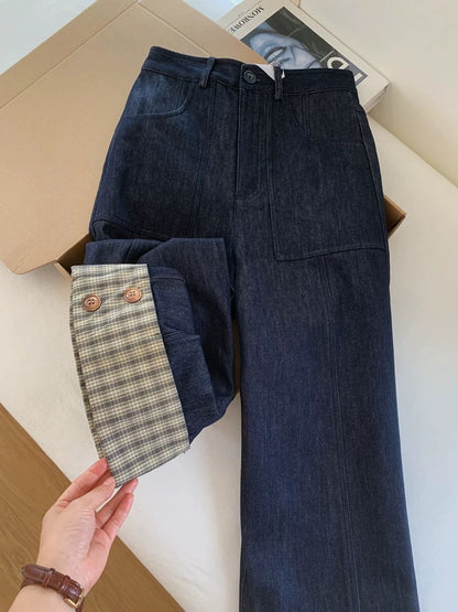 Navy blue cropped high-waisted straight-leg wide-leg jeans for women, 2026 new style, baguette style, suitable for petite women.