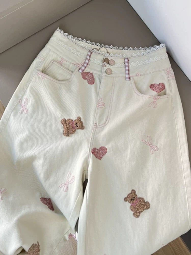 Love it~ Bear embroidered lace patchwork jeans for women, new Korean style straight pants for spring