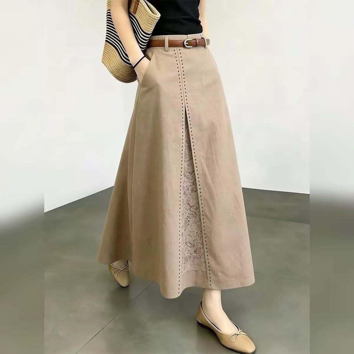 Women’s High-Waisted A-Line Midi Skirt – Minimalist Commuter Style, Khaki, Versatile Korean-Inspired Look, Sophisticated Aesthetic (New Summer 2026 Collection)