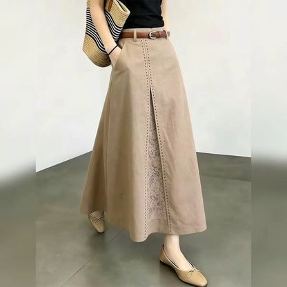 Women’s High-Waisted A-Line Midi Skirt – Minimalist Commuter Style, Khaki, Versatile Korean-Inspired Look, Sophisticated Aesthetic (New Summer 2026 Collection)