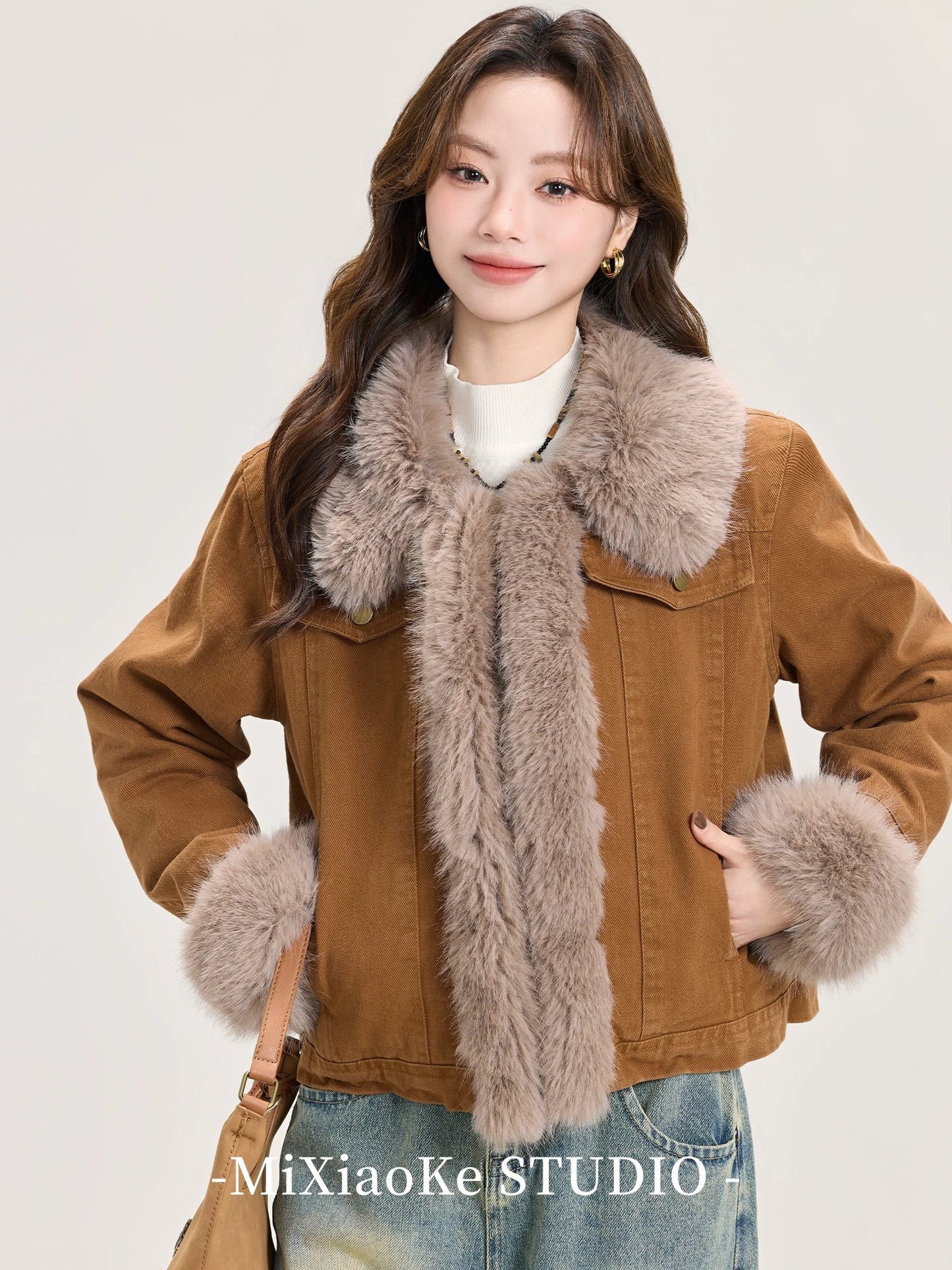 Mi Xiaoke Merard Retro Brown Plush Coat Women's Winter Thickened Warm Design Wool Top Cotton Clothing