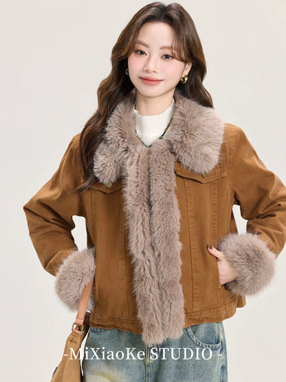 Mi Xiaoke Merard Retro Brown Plush Coat Women's Winter Thickened Warm Design Wool Top Cotton Clothing