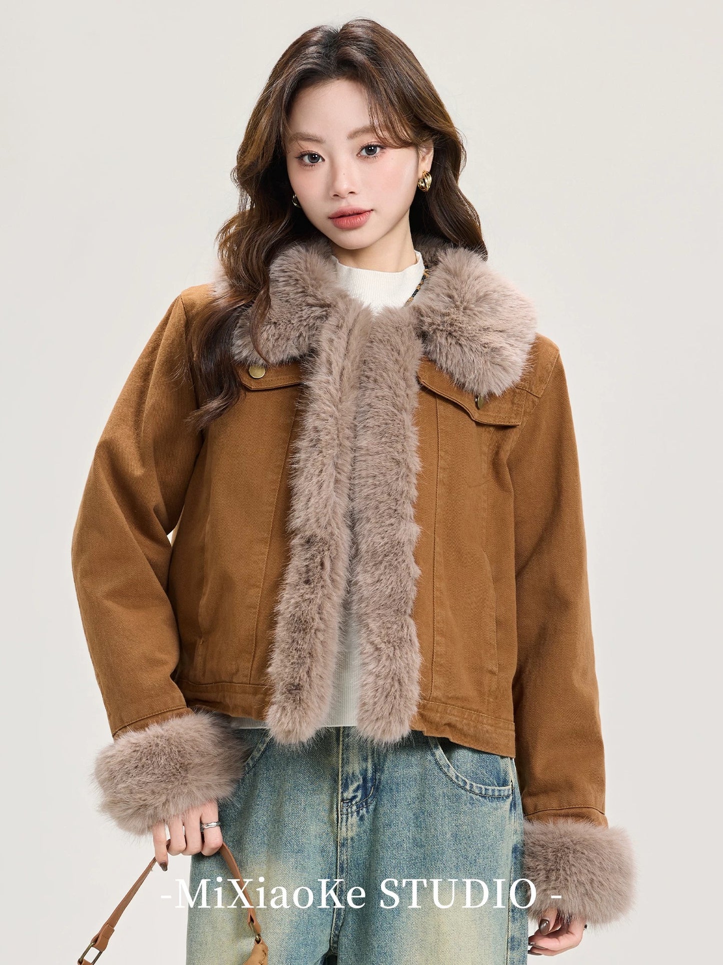 Mi Xiaoke Merard Retro Brown Plush Coat Women's Winter Thickened Warm Design Wool Top Cotton Clothing
