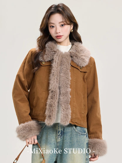 Mi Xiaoke Merard Retro Brown Plush Coat Women's Winter Thickened Warm Design Wool Top Cotton Clothing