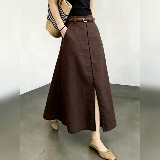 Women’s A-line Maxi Skirt – Minimalist Commuter Style, Brown, Slit Detail, Versatile & Sophisticated – 2026 Autumn New Collection