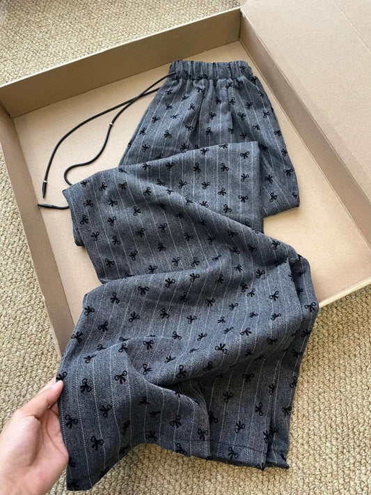 I don't want to take it off after wearing it~ Retro casual bow print trousers autumn high waist loose slim straight wide leg trousers