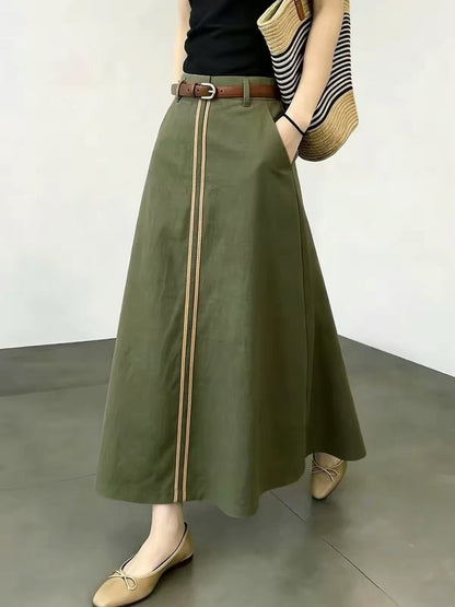 Women’s A-line Midi Skirt in Military Green with Contrast-Color Stripes – Sophisticated, Versatile Style for Early Autumn 2026