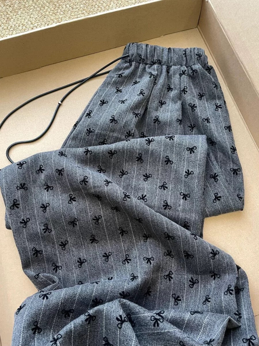 I don't want to take it off after wearing it~ Retro casual bow print trousers autumn high waist loose slim straight wide leg trousers