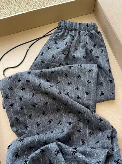I don't want to take it off after wearing it~ Retro casual bow print trousers autumn high waist loose slim straight wide leg trousers