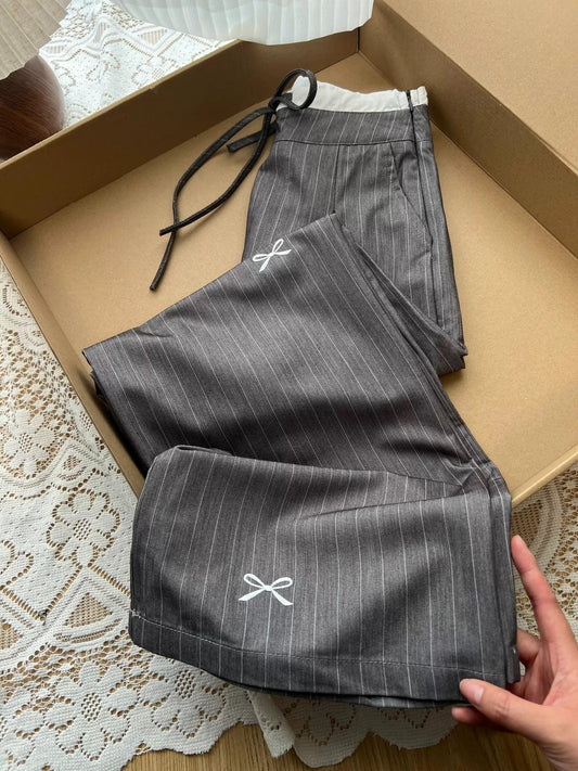 Very suitable for girls! Retro style bow embroidered striped suit pants spring American drape straight pants