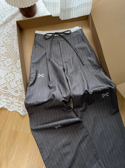 Very suitable for girls! Retro style bow embroidered striped suit pants spring American drape straight pants